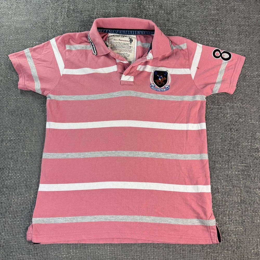 US Polo Assn Polo Shirt Mens Large Pink Striped Camden Team 1982 Crest Y2K
